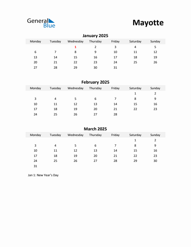 Printable Quarterly Calendar with Notes and Mayotte Holidays- Q1 of 2025