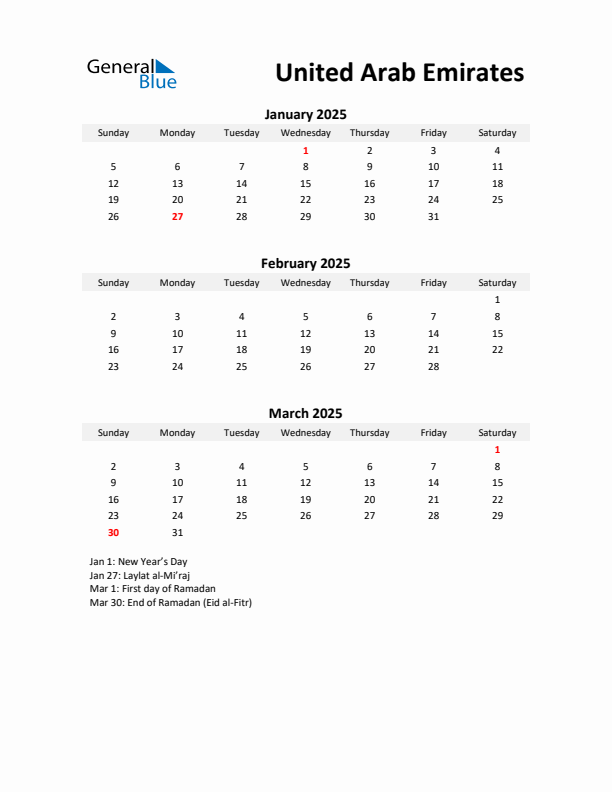 Printable Quarterly Calendar with Notes and United Arab Emirates Holidays- Q1 of 2025