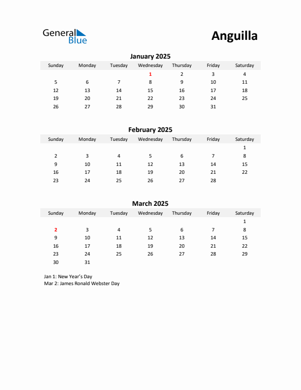 Printable Quarterly Calendar with Notes and Anguilla Holidays- Q1 of 2025