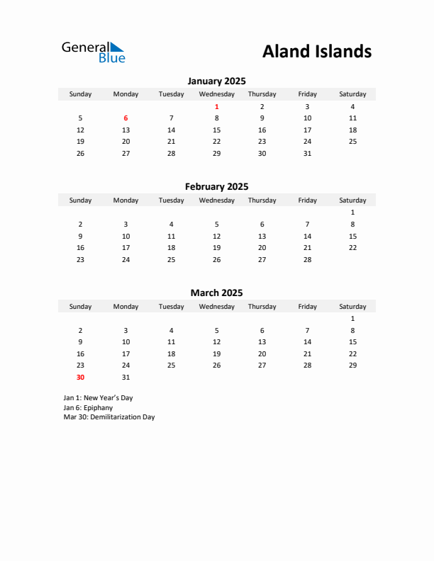 Printable Quarterly Calendar with Notes and Aland Islands Holidays- Q1 of 2025