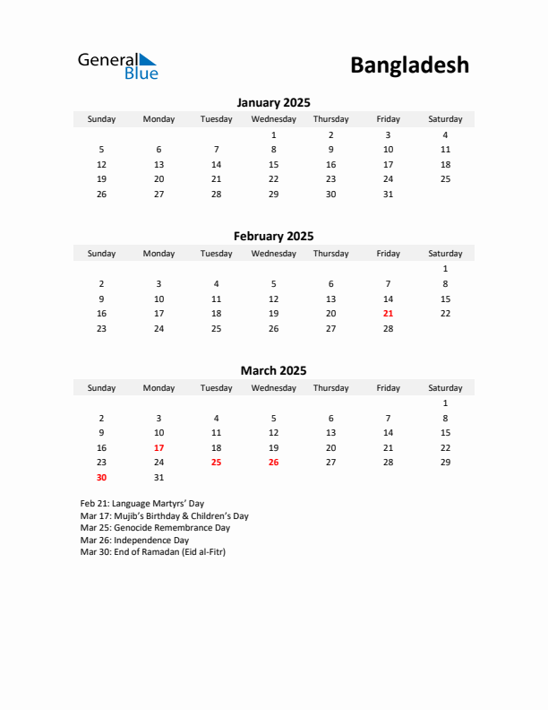 Printable Quarterly Calendar with Notes and Bangladesh Holidays- Q1 of 2025