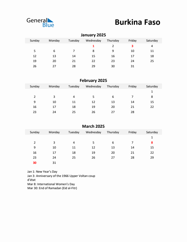 Printable Quarterly Calendar with Notes and Burkina Faso Holidays- Q1 of 2025