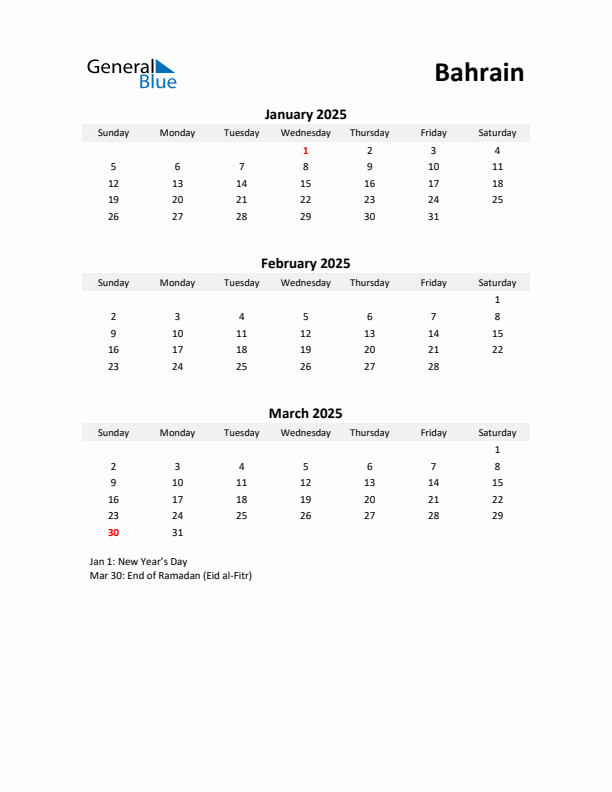 Printable Quarterly Calendar with Notes and Bahrain Holidays- Q1 of 2025