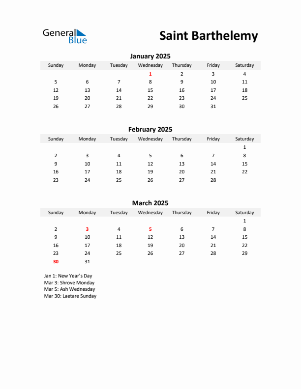 Printable Quarterly Calendar with Notes and Saint Barthelemy Holidays- Q1 of 2025