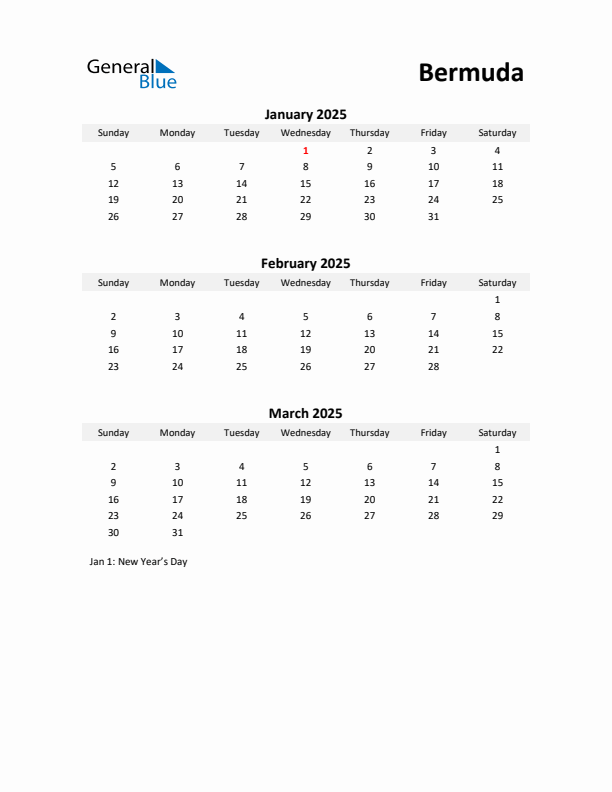 Printable Quarterly Calendar with Notes and Bermuda Holidays- Q1 of 2025