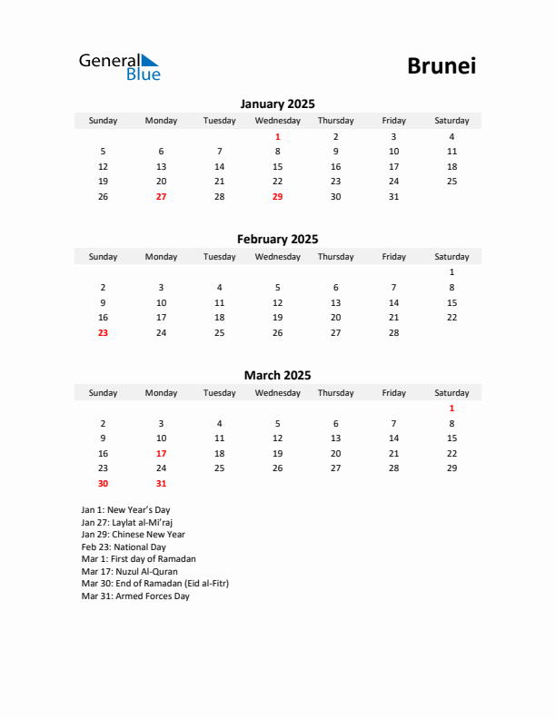 Printable Quarterly Calendar with Notes and Brunei Holidays- Q1 of 2025