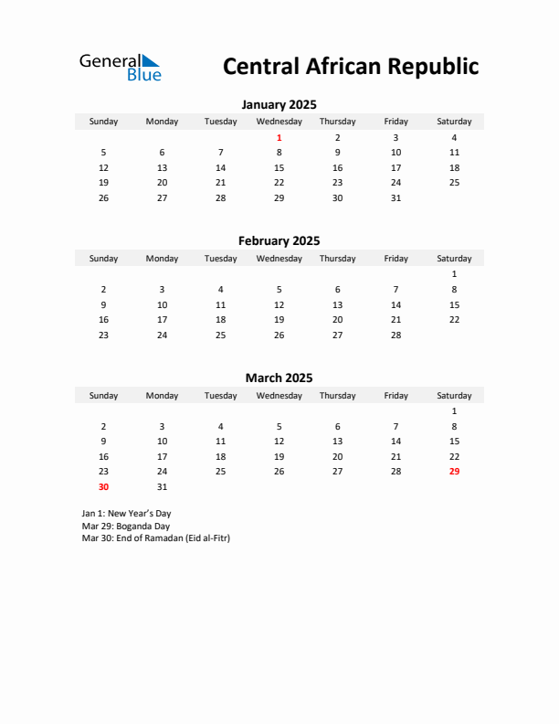 Printable Quarterly Calendar with Notes and Central African Republic Holidays- Q1 of 2025