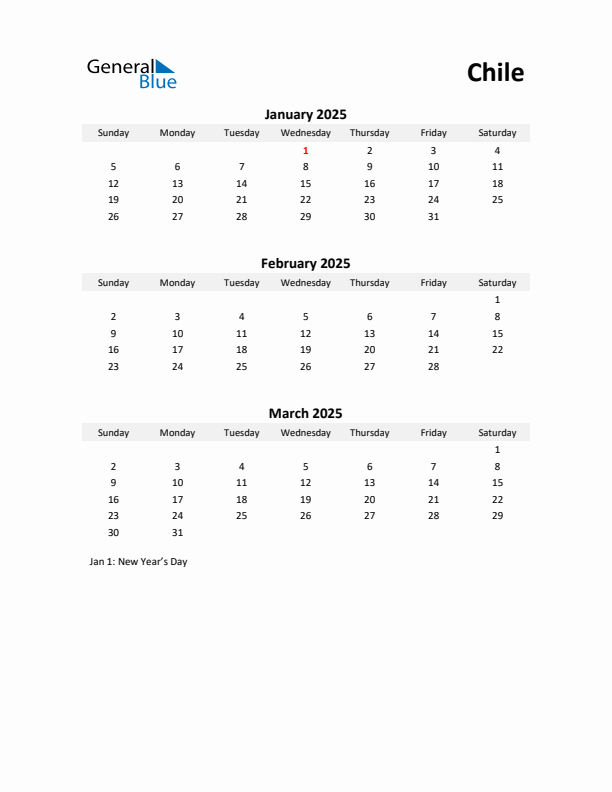 Printable Quarterly Calendar with Notes and Chile Holidays- Q1 of 2025