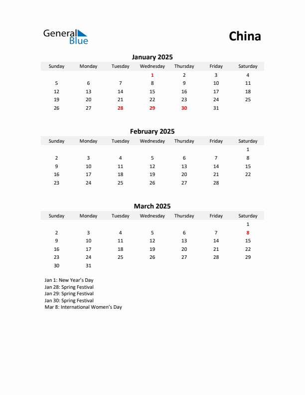 Printable Quarterly Calendar with Notes and China Holidays- Q1 of 2025