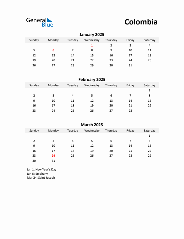 Printable Quarterly Calendar with Notes and Colombia Holidays- Q1 of 2025