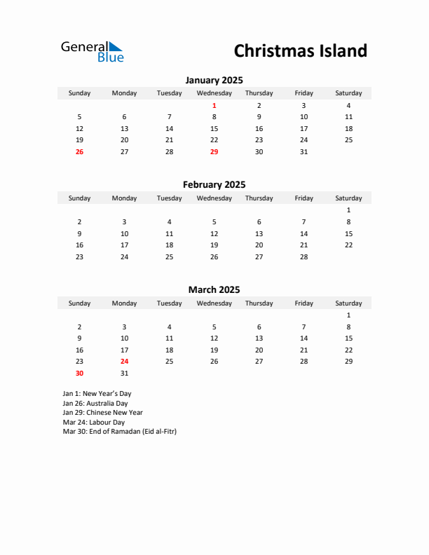 Printable Quarterly Calendar with Notes and Christmas Island Holidays- Q1 of 2025