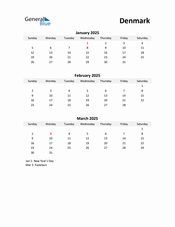 Printable Quarterly Calendar with Notes and Denmark Holidays- Q1 of 2025