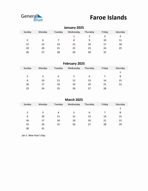 Printable Quarterly Calendar with Notes and Faroe Islands Holidays- Q1 of 2025