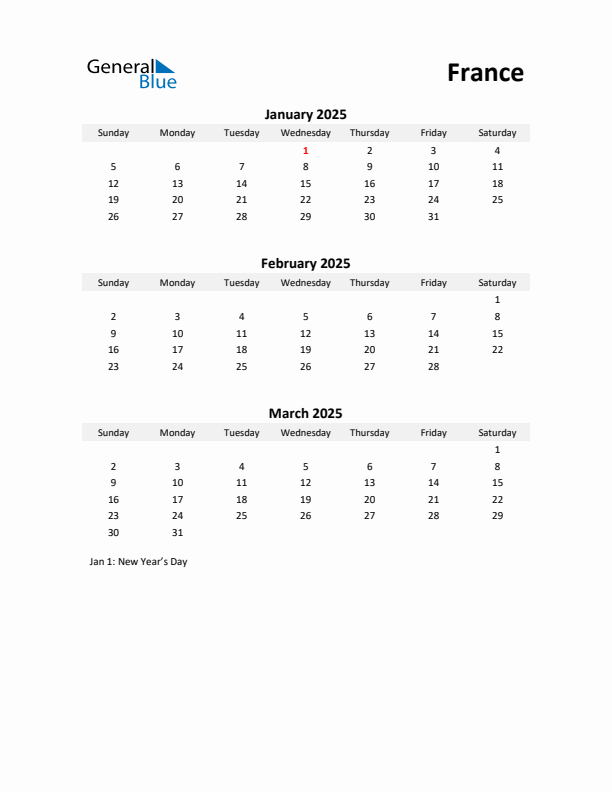 Printable Quarterly Calendar with Notes and France Holidays- Q1 of 2025