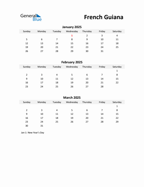 Printable Quarterly Calendar with Notes and French Guiana Holidays- Q1 of 2025