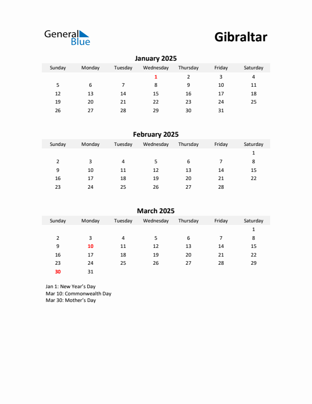 Printable Quarterly Calendar with Notes and Gibraltar Holidays- Q1 of 2025