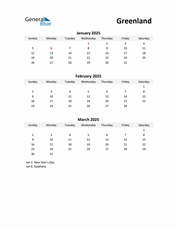 Printable Quarterly Calendar with Notes and Greenland Holidays- Q1 of 2025