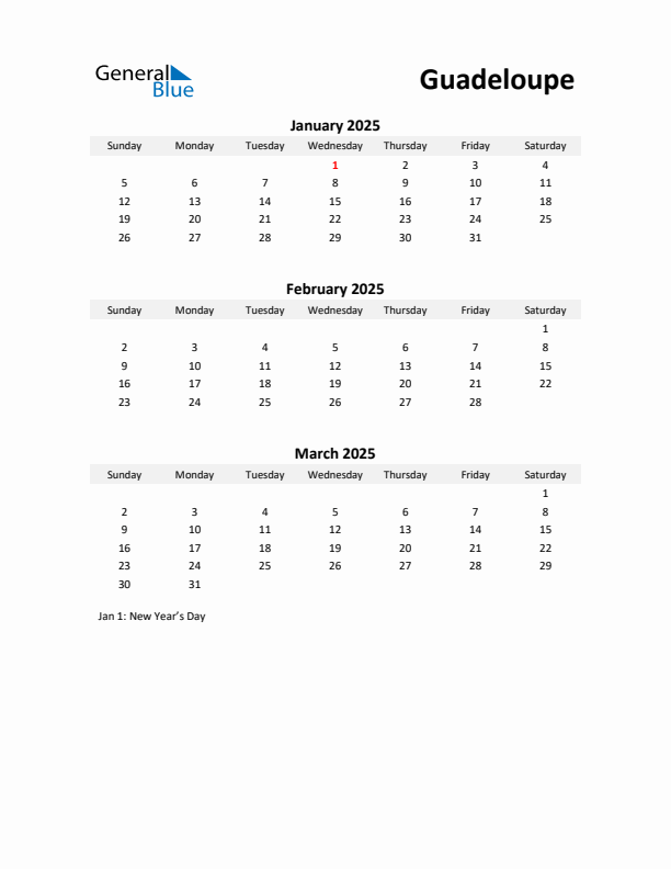 Printable Quarterly Calendar with Notes and Guadeloupe Holidays- Q1 of 2025