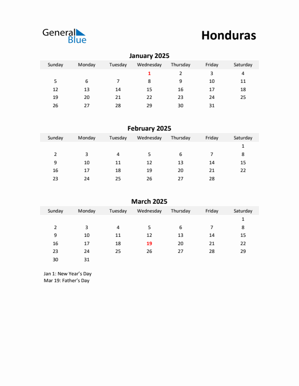 Printable Quarterly Calendar with Notes and Honduras Holidays- Q1 of 2025