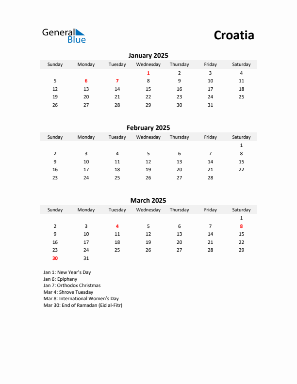 Printable Quarterly Calendar with Notes and Croatia Holidays- Q1 of 2025