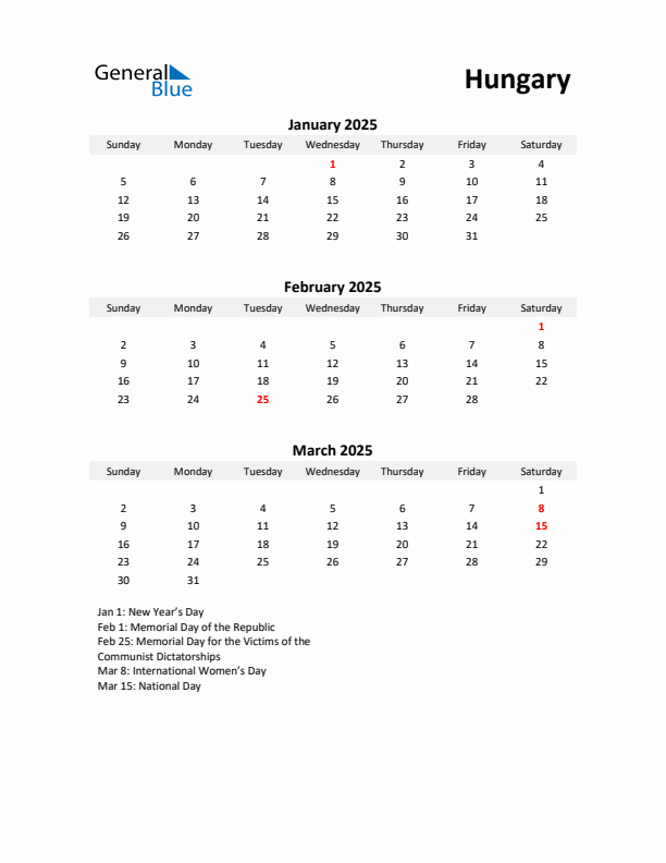 Printable Quarterly Calendar with Notes and Hungary Holidays- Q1 of 2025