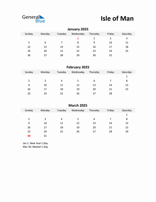 Printable Quarterly Calendar with Notes and Isle of Man Holidays- Q1 of 2025