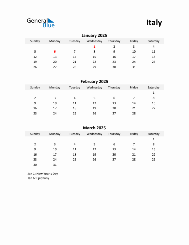 Printable Quarterly Calendar with Notes and Italy Holidays- Q1 of 2025