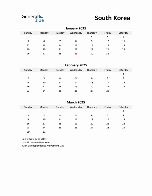 Printable Quarterly Calendar with Notes and South Korea Holidays- Q1 of 2025