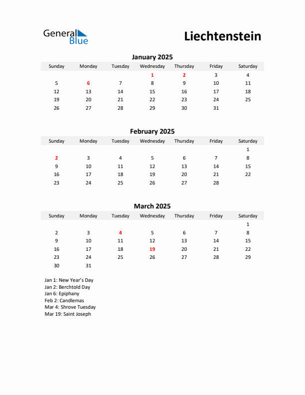 Printable Quarterly Calendar with Notes and Liechtenstein Holidays- Q1 of 2025