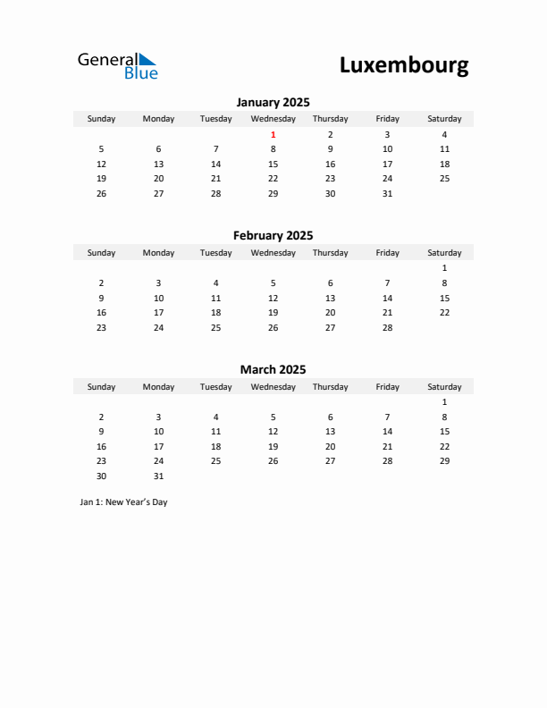 Printable Quarterly Calendar with Notes and Luxembourg Holidays- Q1 of 2025