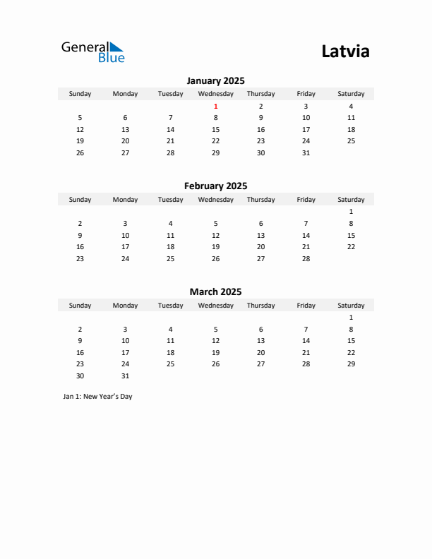 Printable Quarterly Calendar with Notes and Latvia Holidays- Q1 of 2025