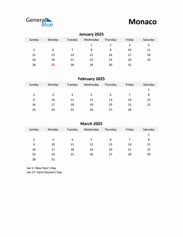 Printable Quarterly Calendar with Notes and Monaco Holidays- Q1 of 2025