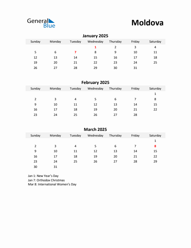 Printable Quarterly Calendar with Notes and Moldova Holidays- Q1 of 2025