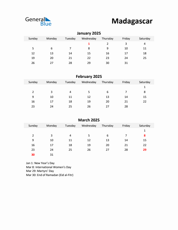 Printable Quarterly Calendar with Notes and Madagascar Holidays- Q1 of 2025