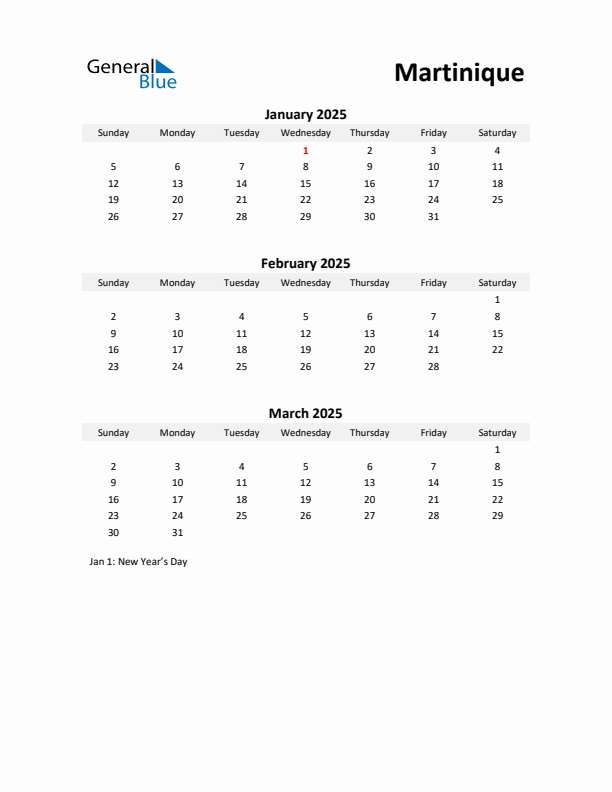 Printable Quarterly Calendar with Notes and Martinique Holidays- Q1 of 2025