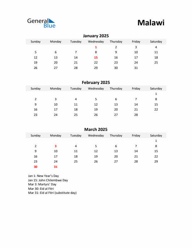 Printable Quarterly Calendar with Notes and Malawi Holidays- Q1 of 2025