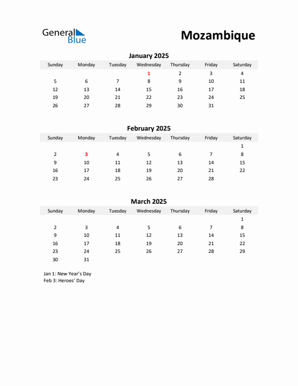 Printable Quarterly Calendar with Notes and Mozambique Holidays- Q1 of 2025