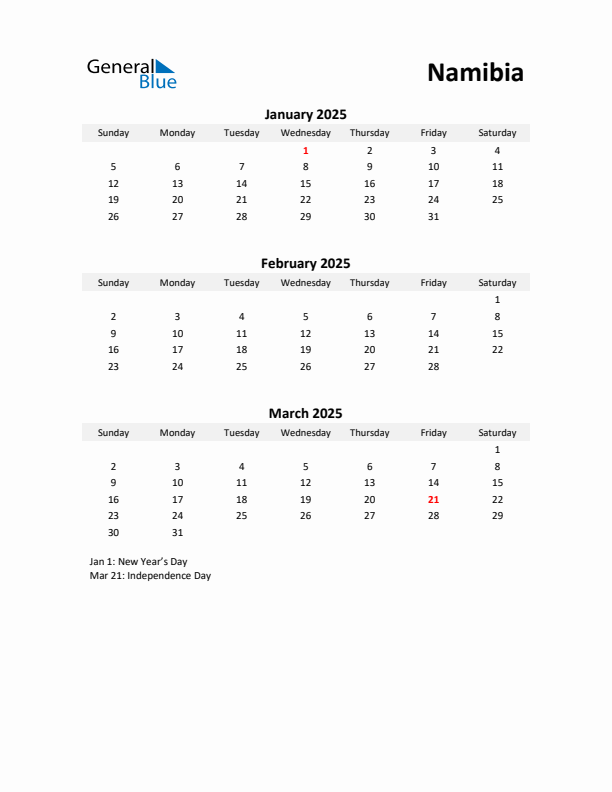 Printable Quarterly Calendar with Notes and Namibia Holidays- Q1 of 2025