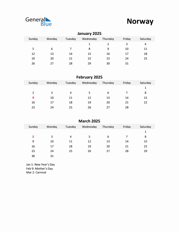 Printable Quarterly Calendar with Notes and Norway Holidays- Q1 of 2025