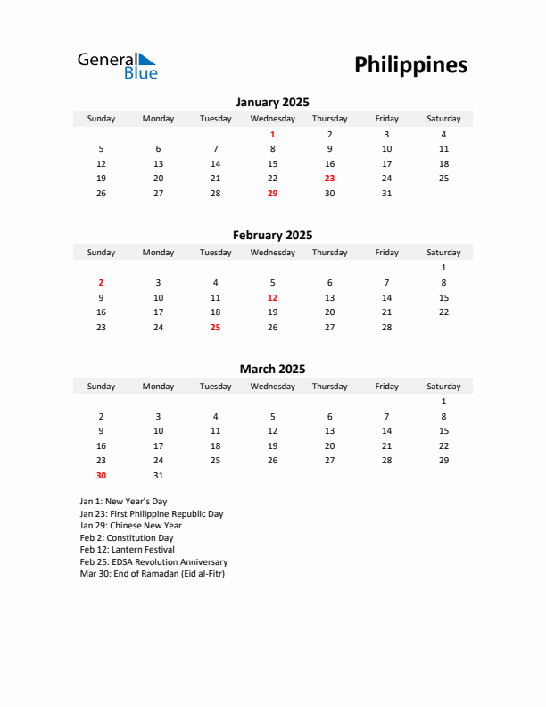 Printable Quarterly Calendar with Notes and Philippines Holidays- Q1 of 2025