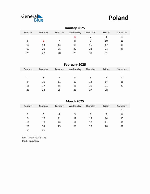 Printable Quarterly Calendar with Notes and Poland Holidays- Q1 of 2025