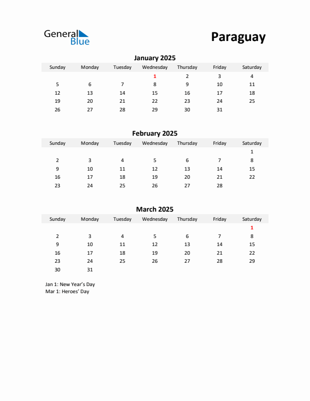 Printable Quarterly Calendar with Notes and Paraguay Holidays- Q1 of 2025