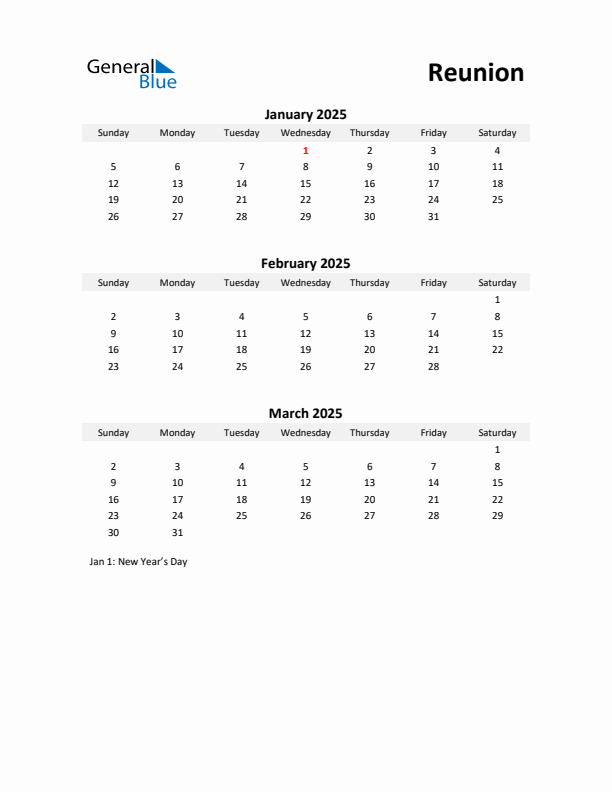 Printable Quarterly Calendar with Notes and Reunion Holidays- Q1 of 2025