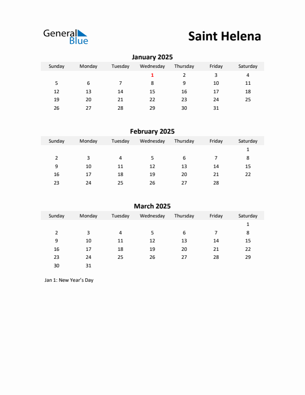 Printable Quarterly Calendar with Notes and Saint Helena Holidays- Q1 of 2025