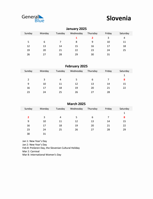 Printable Quarterly Calendar with Notes and Slovenia Holidays- Q1 of 2025