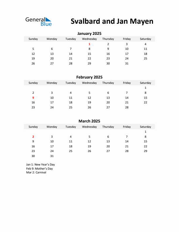 Printable Quarterly Calendar with Notes and Svalbard and Jan Mayen Holidays- Q1 of 2025