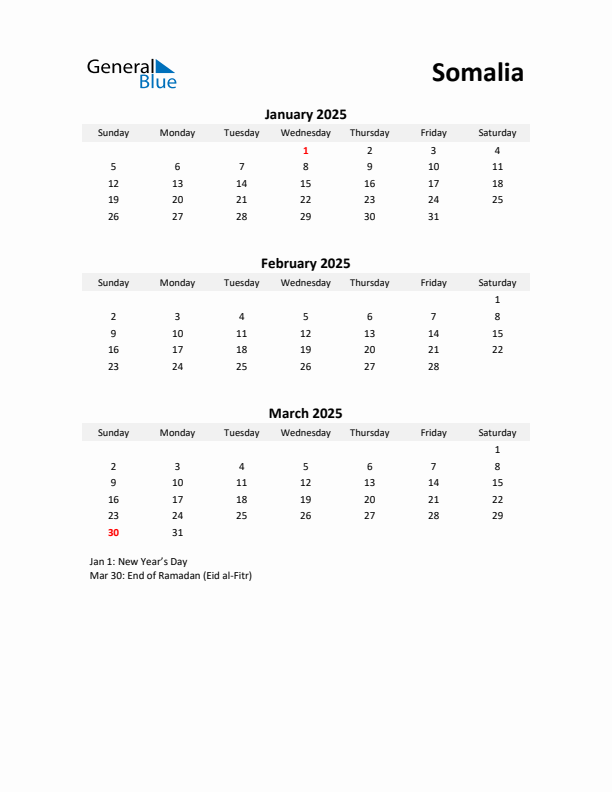 Printable Quarterly Calendar with Notes and Somalia Holidays- Q1 of 2025