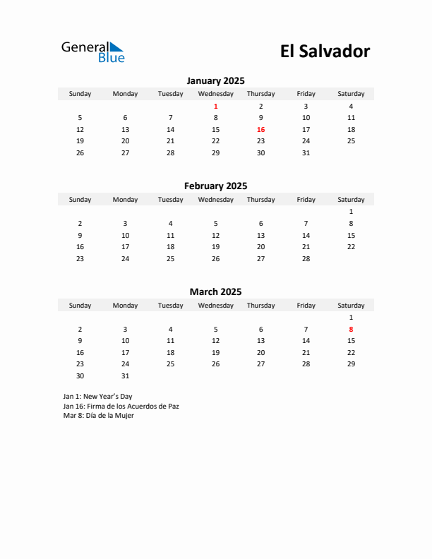 Printable Quarterly Calendar with Notes and El Salvador Holidays- Q1 of 2025