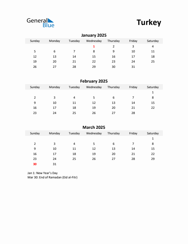 Printable Quarterly Calendar with Notes and Turkey Holidays- Q1 of 2025