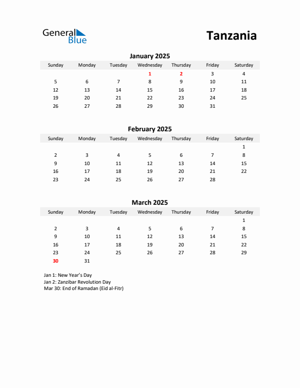 Printable Quarterly Calendar with Notes and Tanzania Holidays- Q1 of 2025